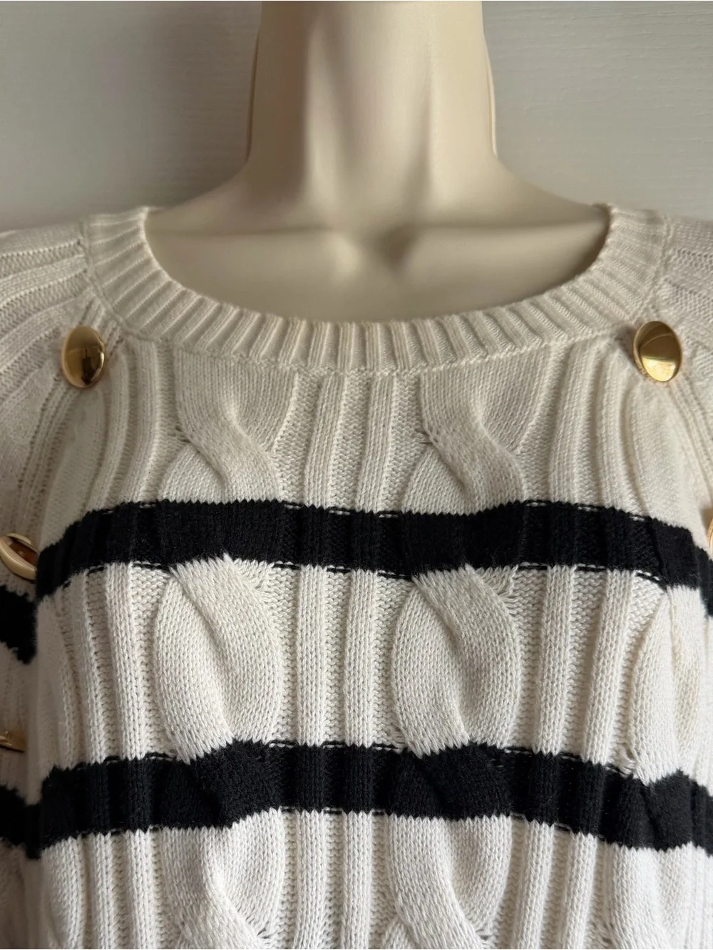 Talbots Crew Neck Breton Stripe Cable Knit Sweater